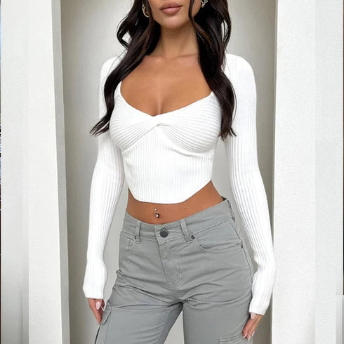 Sexy T-shirt Women Autumn New Solid Corset V-Neck Long Sleeves Crop Top Asymmetrical Fashion Streetwear Casual T-shirts Female